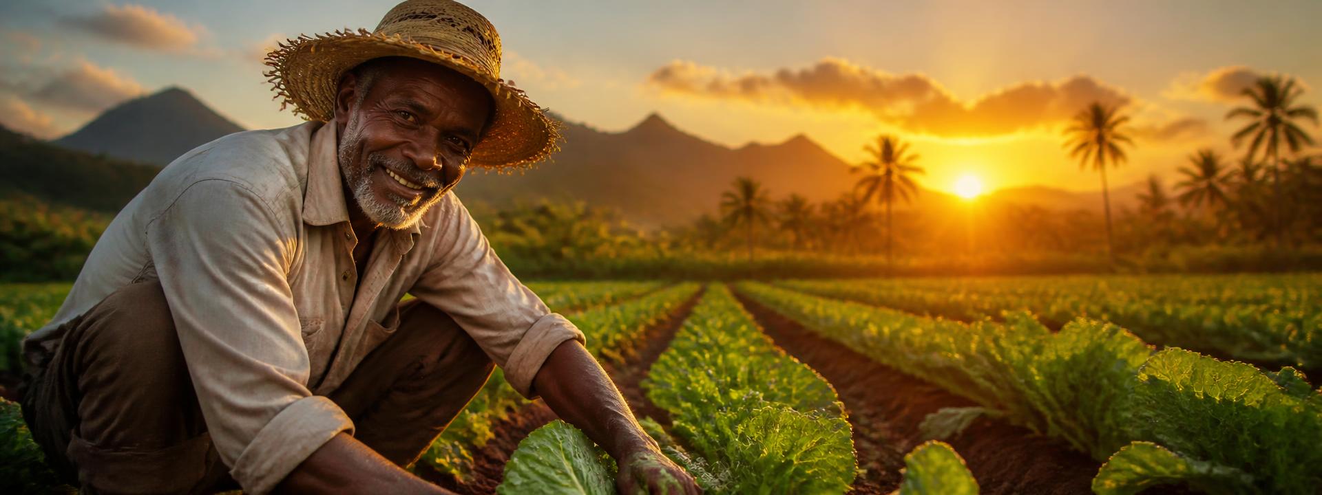 Agriculteur dans son champ de légumes au coucher du soleil